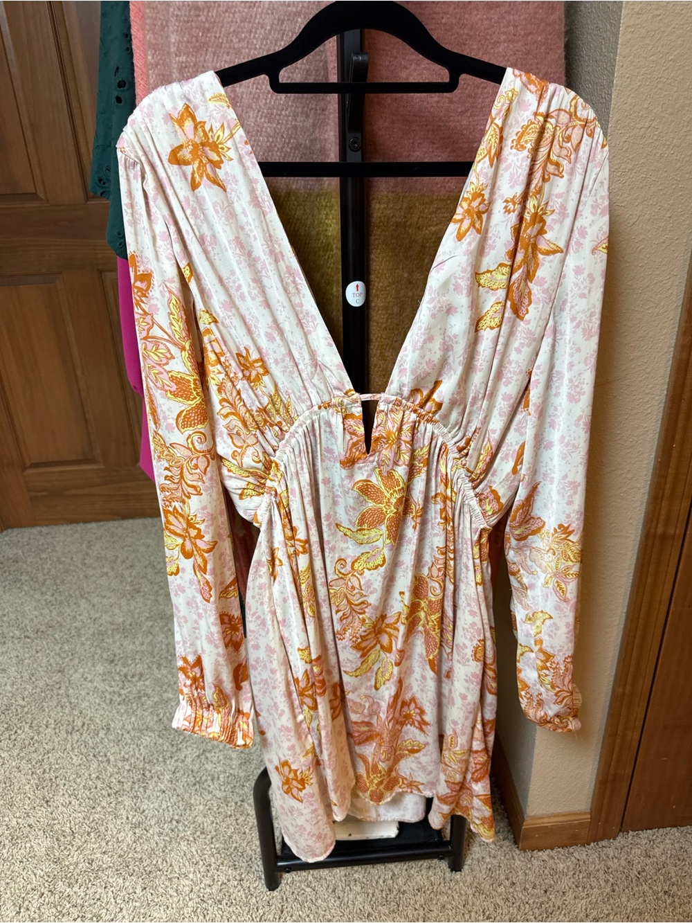 Free People Floral V-Neck Long Sleeve Tunic - Pink & Gold Accents